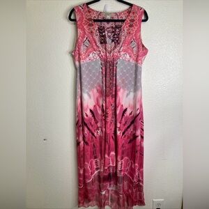 One World Live & Let Live Pink Maxi Dress Boho Beaded Asymmetrical Resort XL